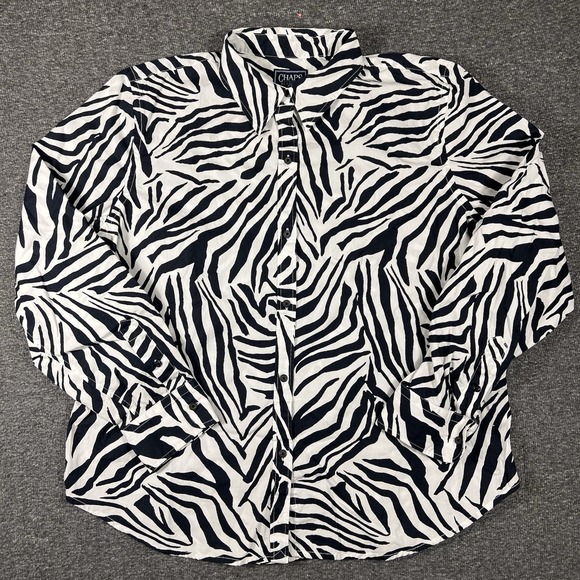 Chaps Classics Shirts Womens Size XL White Black Zebra Print Blouse Long Sleeve - Picture 1 of 11